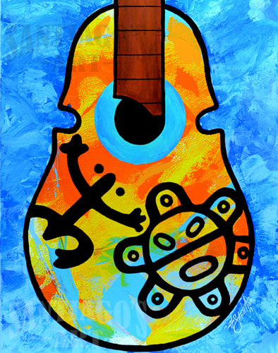 Taino Art by artist H. Santiago. Cuatro Guitar Painting
