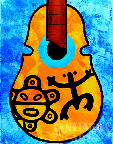 Taino Art by artist H. Santiago. Cuatro Guitar Painting