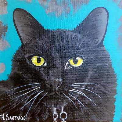 Black Cat portrait painting by artist H. Santiago