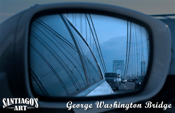 George Washington bridge from rear view mirror photography by artist H. Santiago