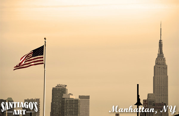Empire State Building with American flag photography by artist H. Santiago