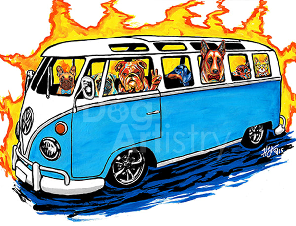 Blue VW Bus Painting by artist H. Santiago