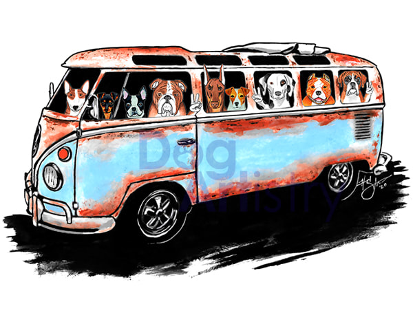 Rusty Blue VW Bus Art by artist H. Santiago