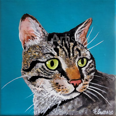 Tabby cat portrait painting by artist H. Santiago